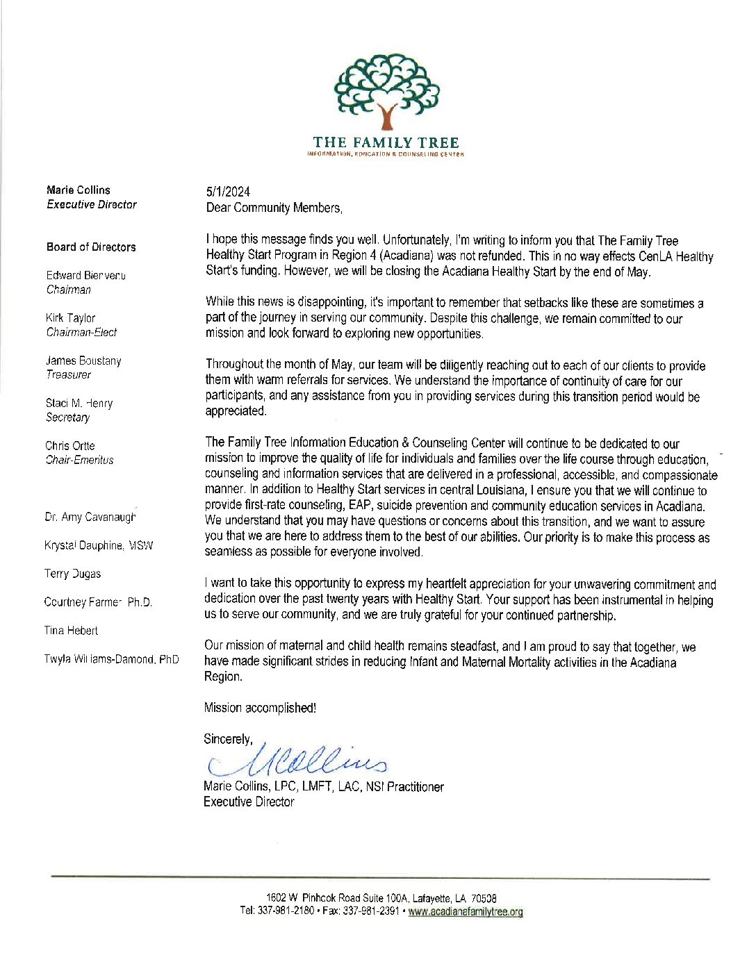 Healthy Start-Acadiana Closing in May
